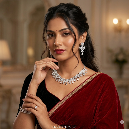 👑Premium Silver Plated Necklace Set With White American Diamond